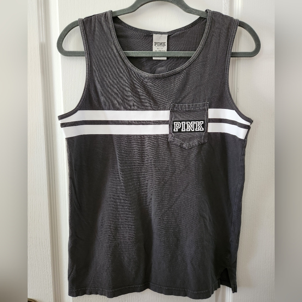 Victoria Secret Pink Gray & White Logo Sleeveless Tank Top Shirt Size XS
